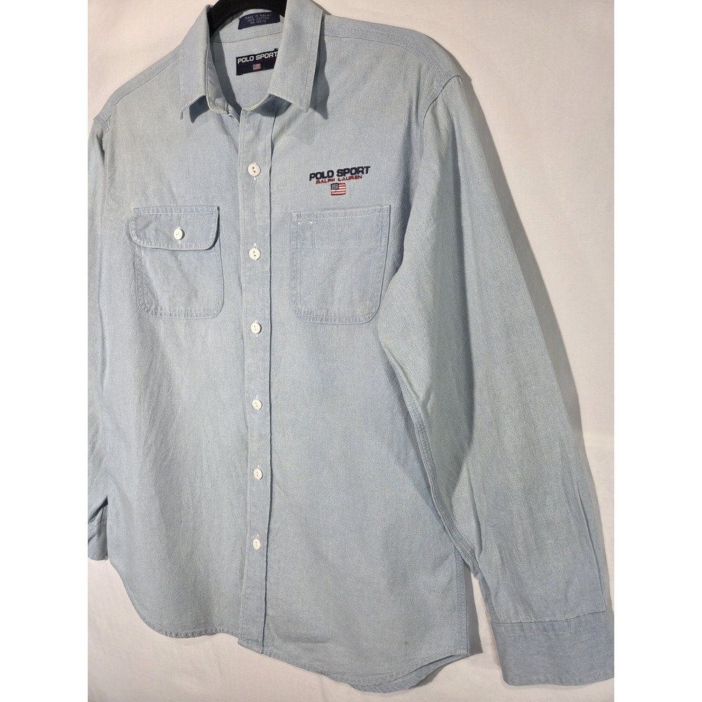 Vintage POLO Sport RALPH LAUREN Shirt Chambray Spell Out USA Flag 90s Blue Large - Picture 3 of 9